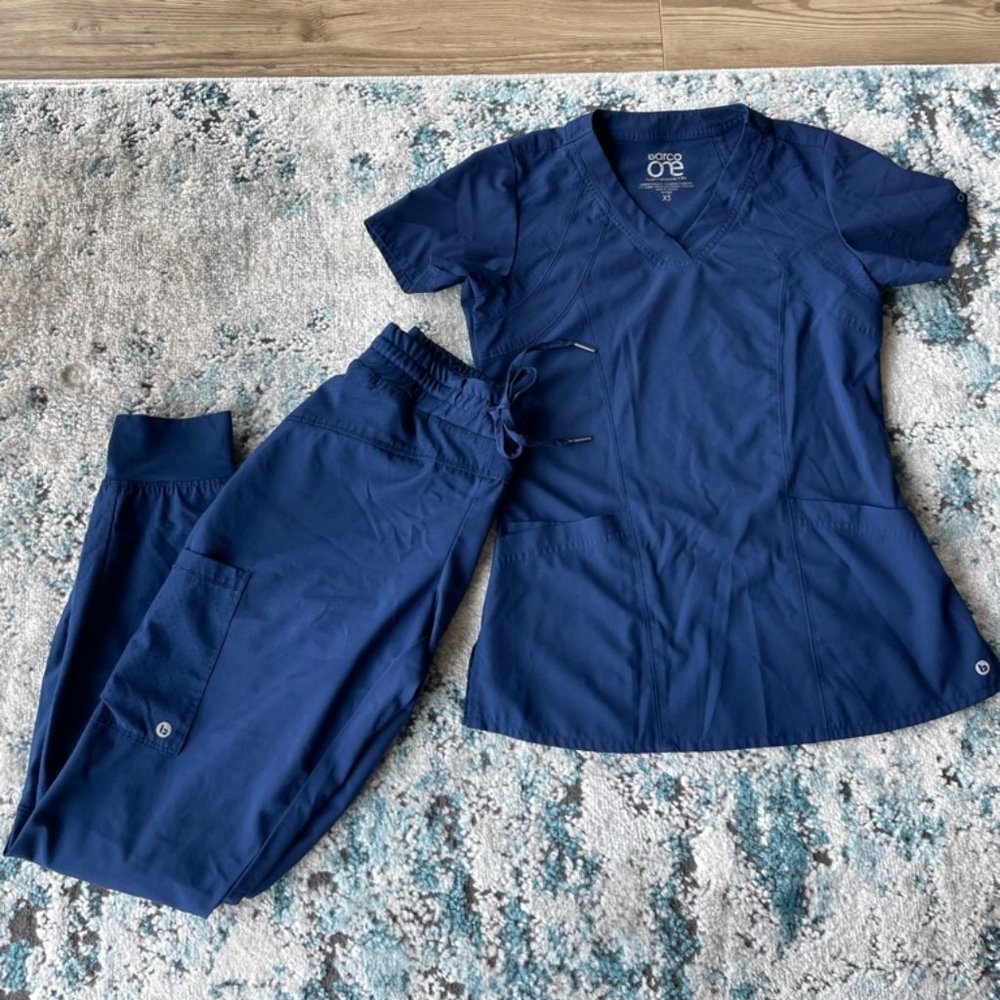 Two Scrub Tops, one Jogger Scrub bottoms by Barco One Navy Blue